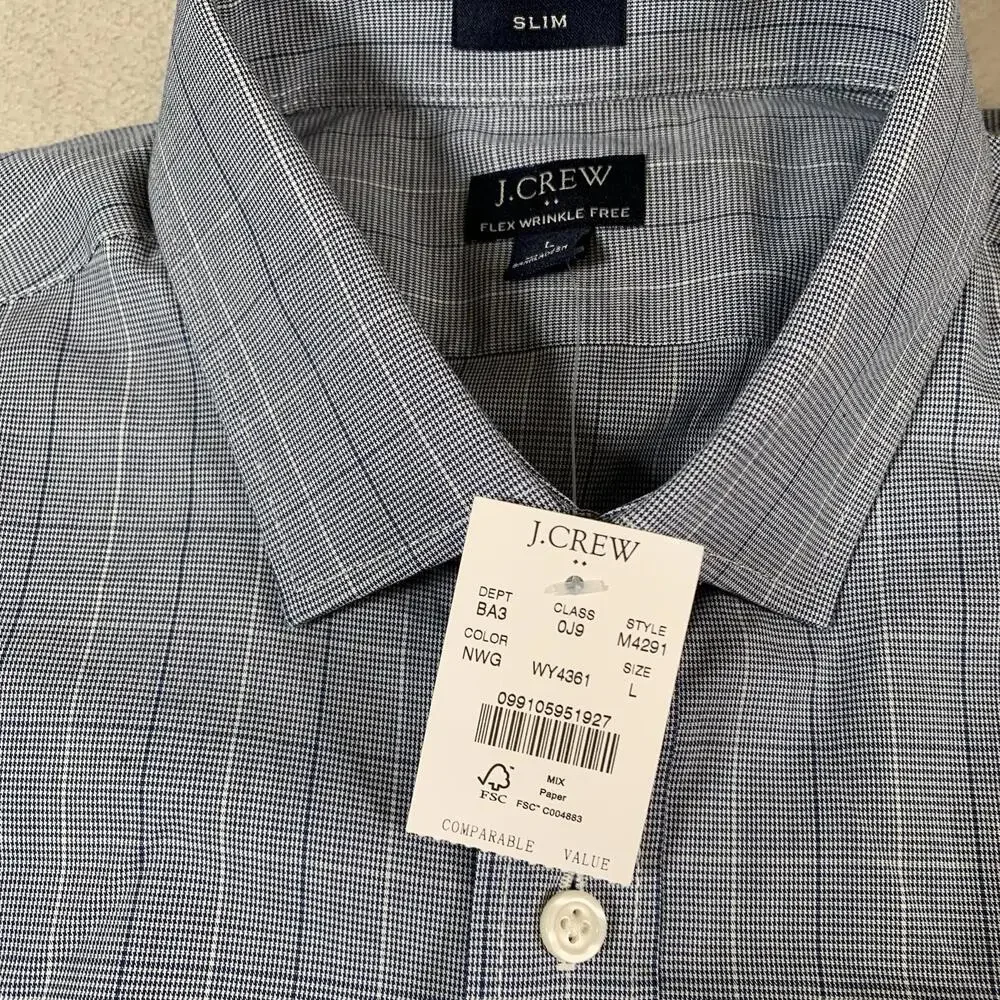 J Crew Shirt Men's Large Blue Slim Flex Wrinkle Free Micro Check Long Sleeve NEW